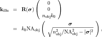 \begin{eqnarray*}
\pvec{k}_{\mathrm{illu}} & = & \TField{R}(\boldsymbol \sigma) \left ( \begin{array}{c} 0 \\ 0 \\ n_\mathrm{obj}k_0 \end{array} \right )  \\
{ } & = &
 k_0 \mathrm{NA}_{\mathrm{obj}}
\left (
\begin{array}{c}
\boldsymbol \sigma \\
\sqrt{n_{\mathrm{obj}}^2/\mathrm{NA}_{\mathrm{obj}}^2-|\boldsymbol \sigma|^2}
\end{array}
\right ),
\end{eqnarray*}