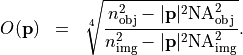 \begin{eqnarray*}
O(\pvec{p}) & = &  \sqrt[4]{\frac{n_\mathrm{obj}^2-|\pvec{p}|^2 \mathrm{NA}_{\mathrm{obj}}^2}{n_\mathrm{img}^2-|\pvec{p}|^2\mathrm{NA}_{\mathrm{img}}^2}}.
\end{eqnarray*}