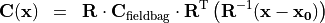 \begin{eqnarray*}
\TField{C} (\pvec{x}) & = &  \void{\TField{R}}  {\TField{C}_{\mathrm{fieldbag}}} \transpose{\TField{R}}  \left( \TField{R}^{-1} ( \pvec{x}-\pvec{x_0} ) \right)
\end{eqnarray*}