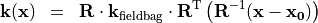 \begin{eqnarray*}
\VField{k} (\pvec{x}) & = &  \void{\TField{R}}  {\VField{k}_{\mathrm{fieldbag}}} \transpose{\TField{R}}  \left( \TField{R}^{-1} ( \pvec{x}-\pvec{x_0} ) \right)
\end{eqnarray*}