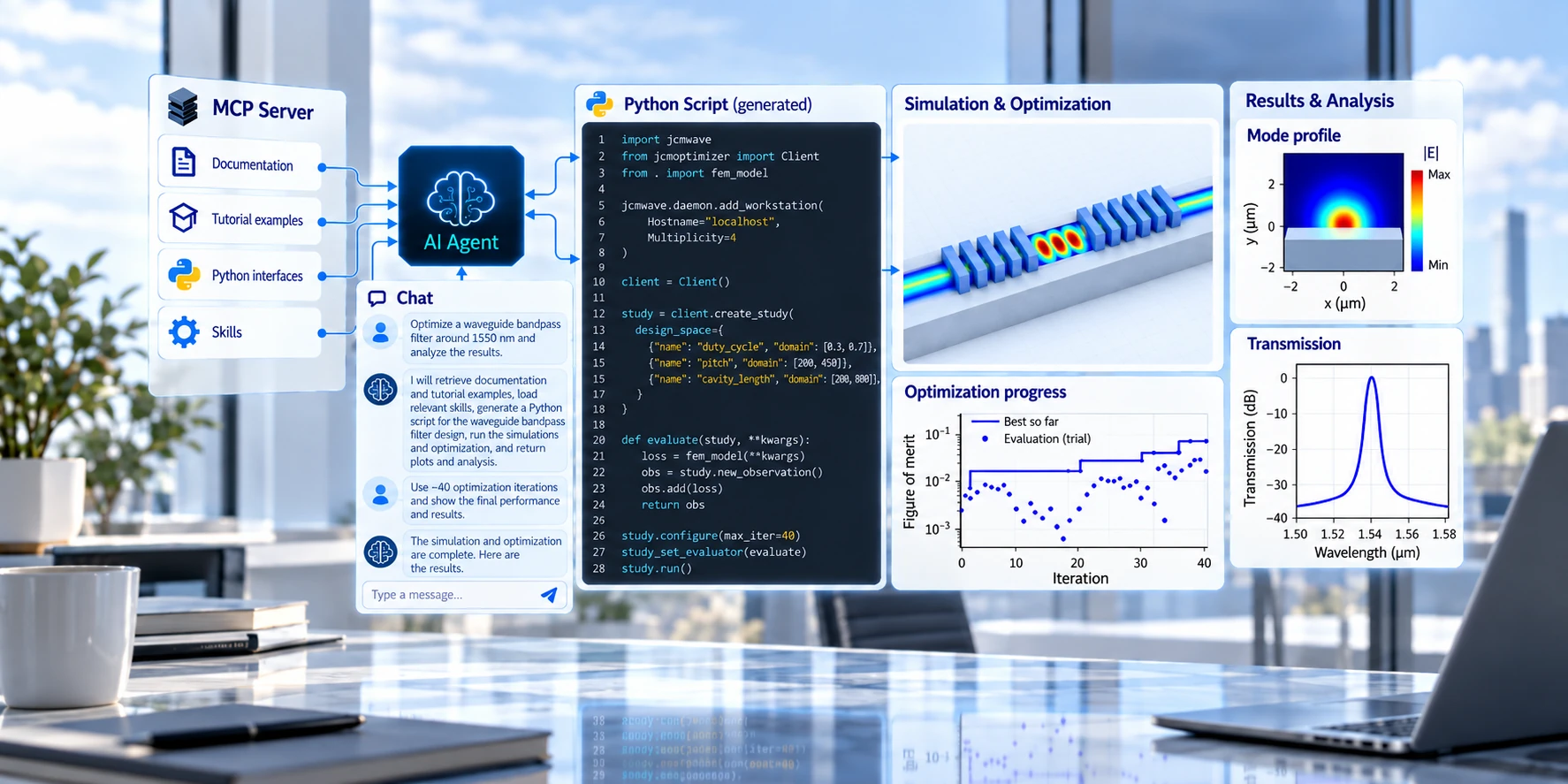 Illustration of an AI-assisted photonics workflow connecting MCP documentation and skills to Python scripting, simulation, optimization, and results analysis.